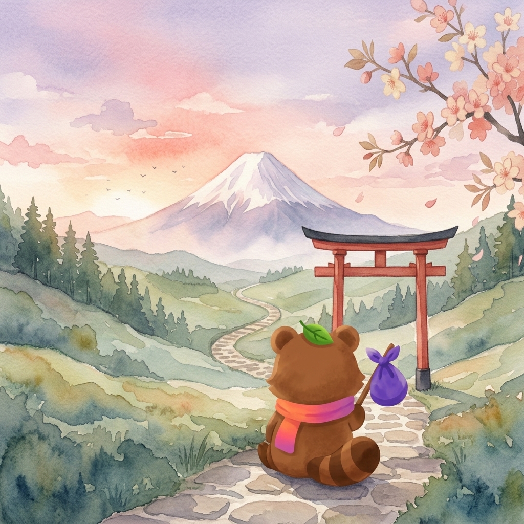 日の出の中、鳥居越しに富士山を見つめるTabi